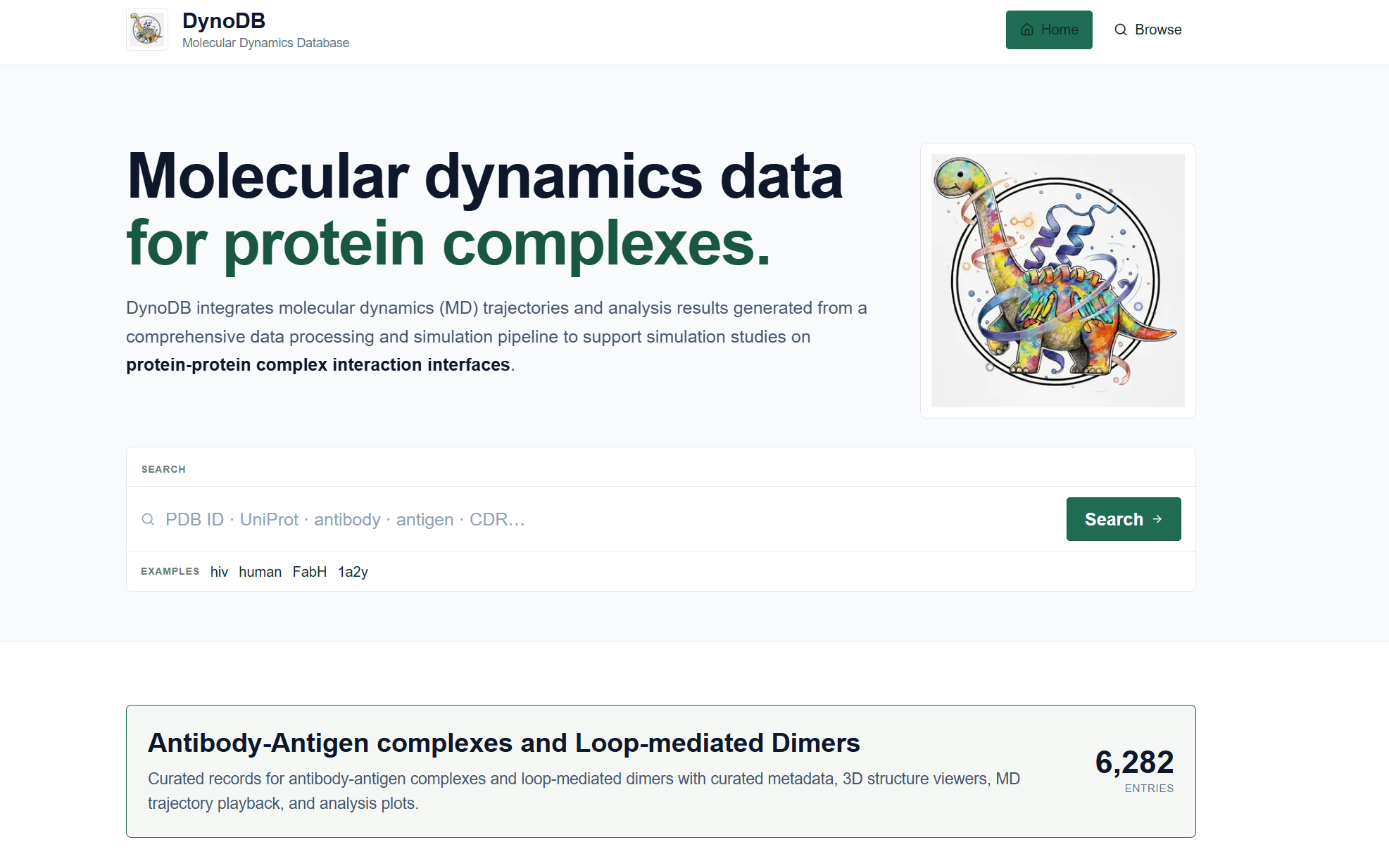 DynoDB homepage search box, example queries, and dataset-size display