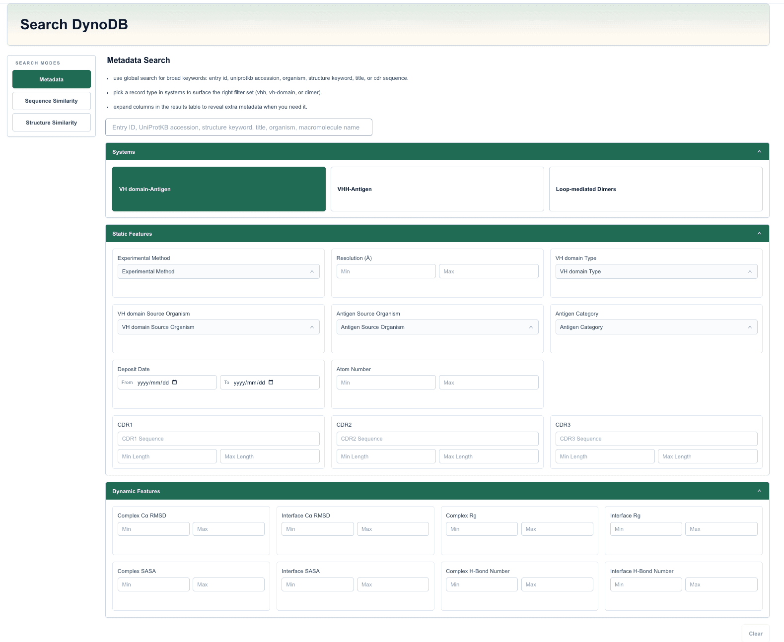 DynoDB metadata search panel and results area