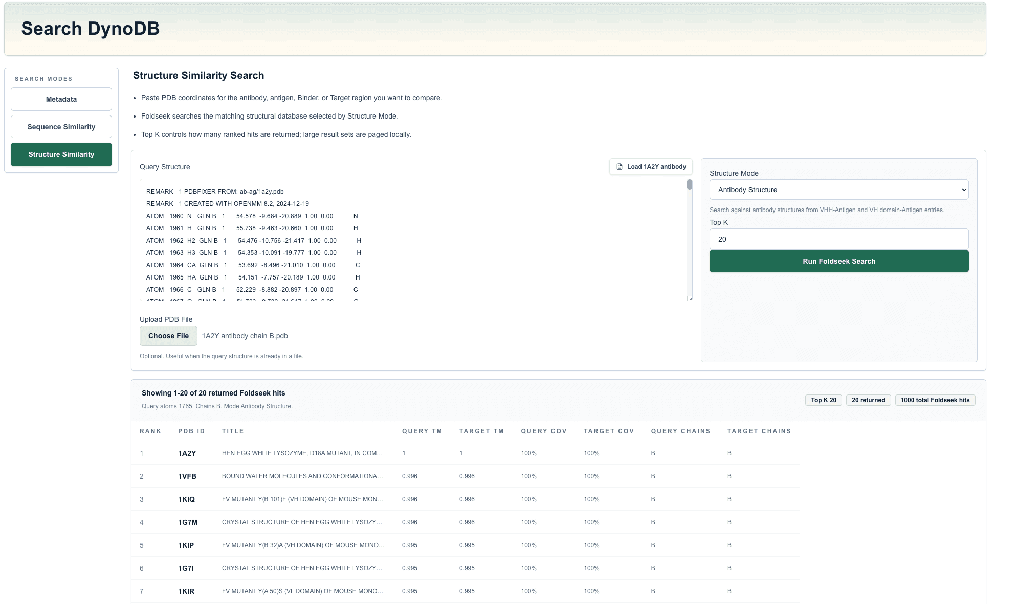 DynoDB structure similarity search page